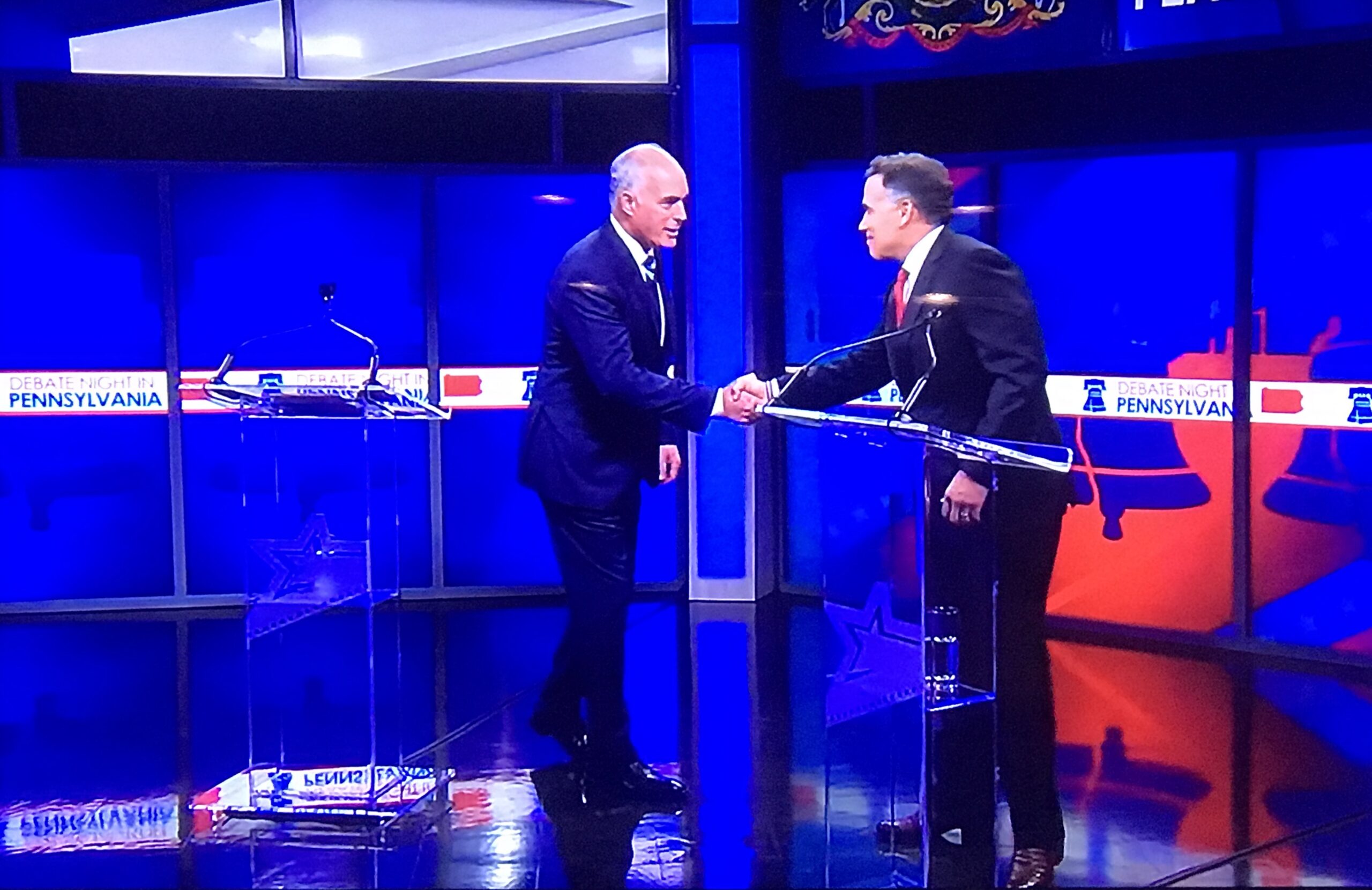 Bob Casey and Dave McCormick shake hands prior to their debate